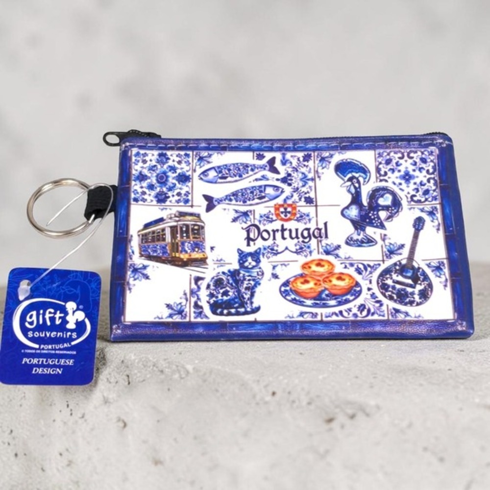 Portugal Souvenir Coin Purse Azulejo Tile Design Blue White Keyring Pouch GS9316